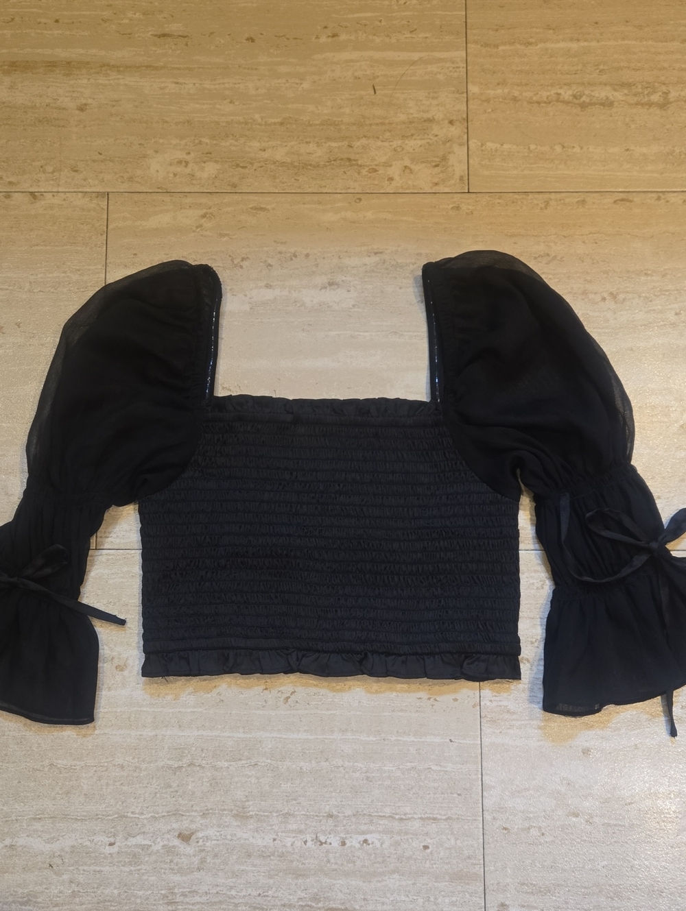 Urban Oufitters Smocked Black Sheer Sleeve Crop Top